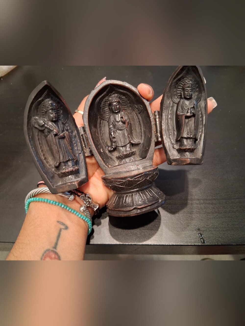 Antique-Style Wooden Triptych Shrine - Dark Brown